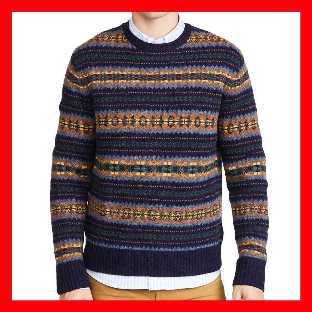 POLO RALPH LAUREN Navy Lambs Wool Knit Fair Isle Sweater Jacket Mens Size XXL